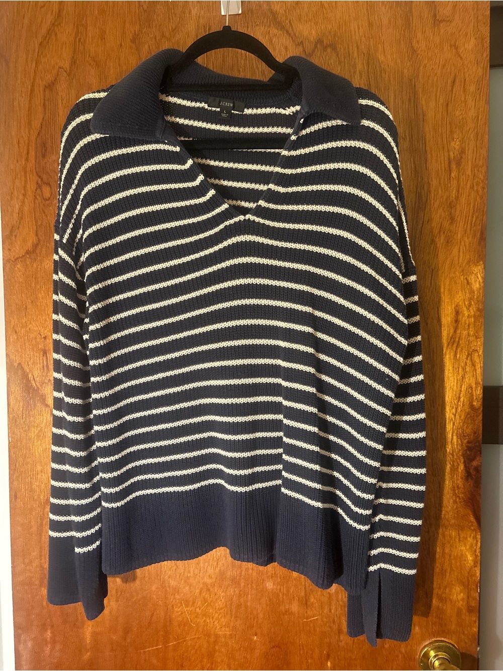 J. Crew Navy and White Striped V-Neck Polo Sweater